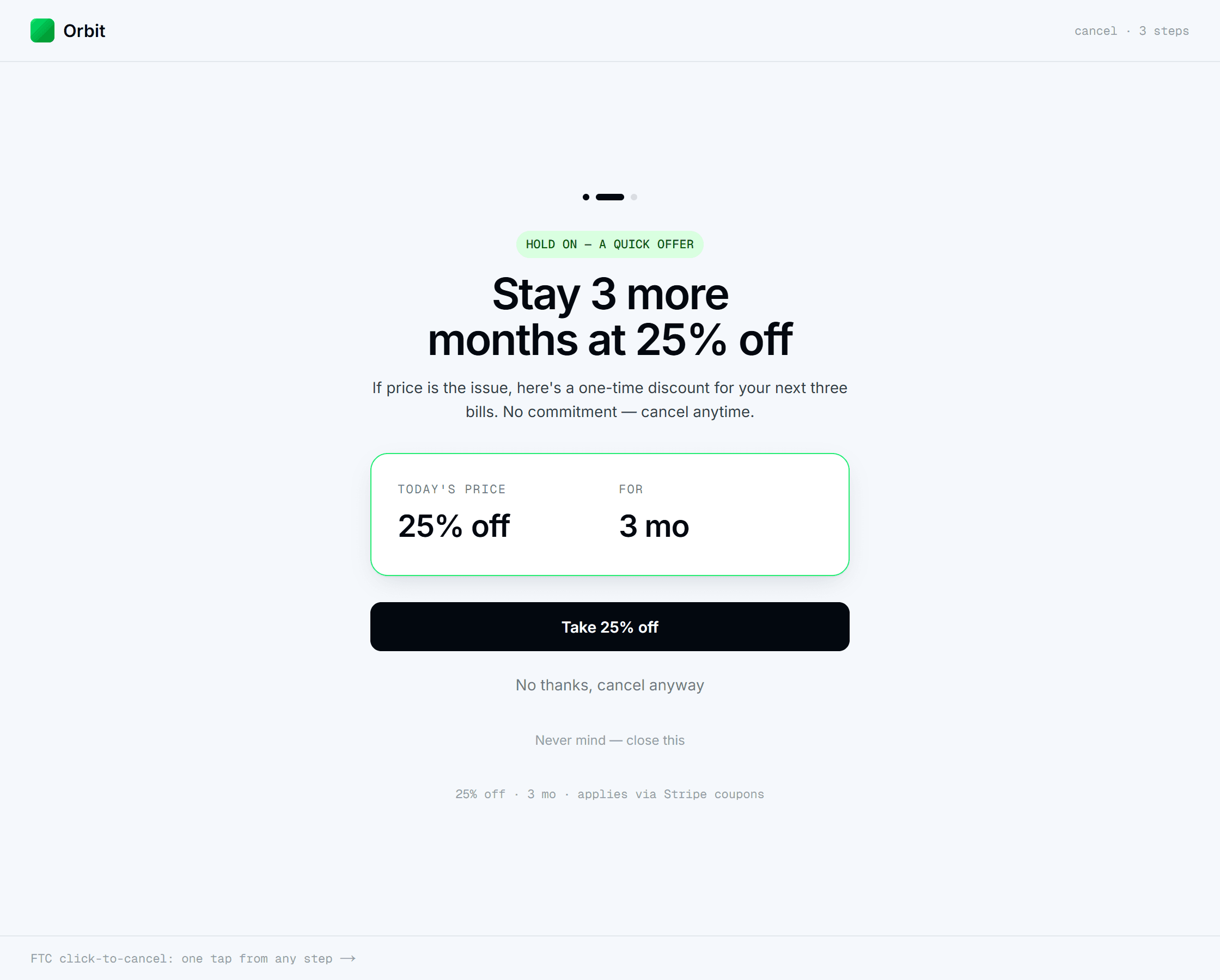 The Backstop hosted save flow a canceling subscriber sees: survey reason, proof step, and a targeted offer.